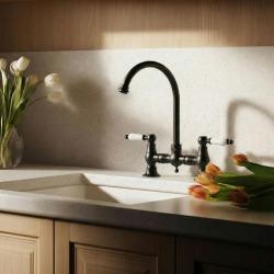 Aquanello Heritage Manor Robinet de cuisine classique de style rétro, noir avec poignée blanche et bec rond BL-4001-HA