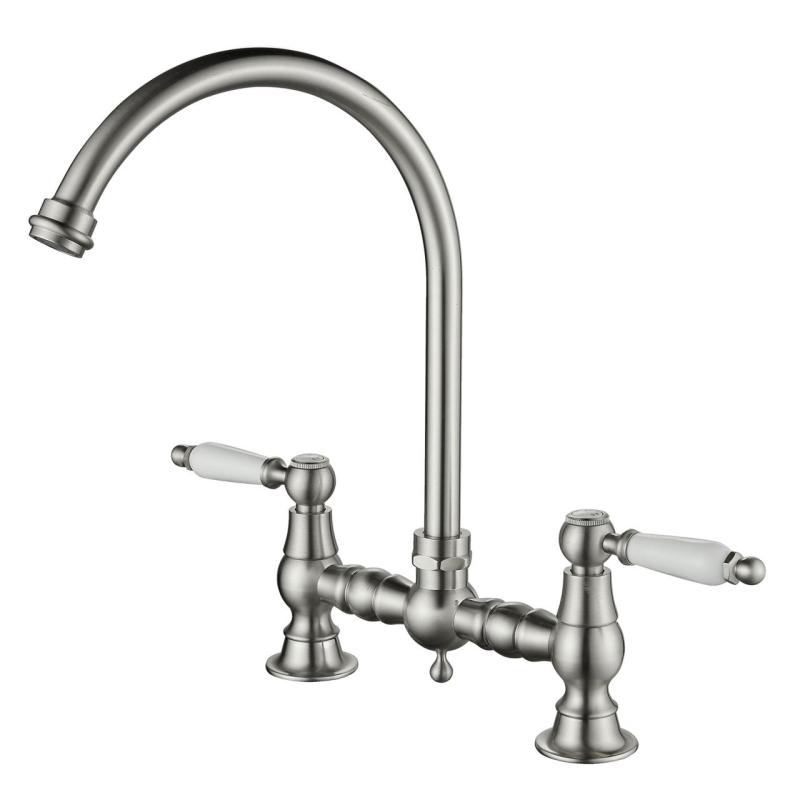 Aquanello Heritage Manor Robinet de cuisine classique Nostalgic Bridge en acier inoxydable avec levier blanc et bec rond NB-0011-HM