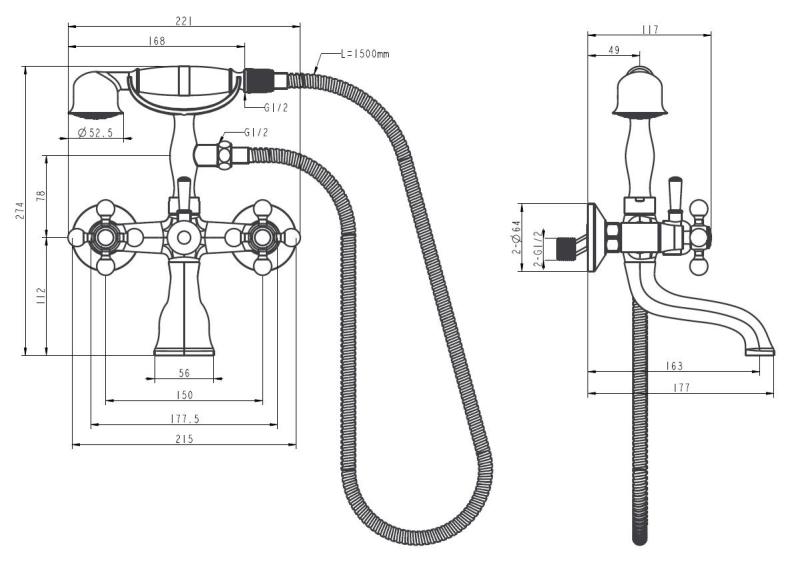 Aquanello Heritage Ascot Mitigeur de baignoire classique avec boutons étoile chromés, douchette à main incluse CR-3002-HA