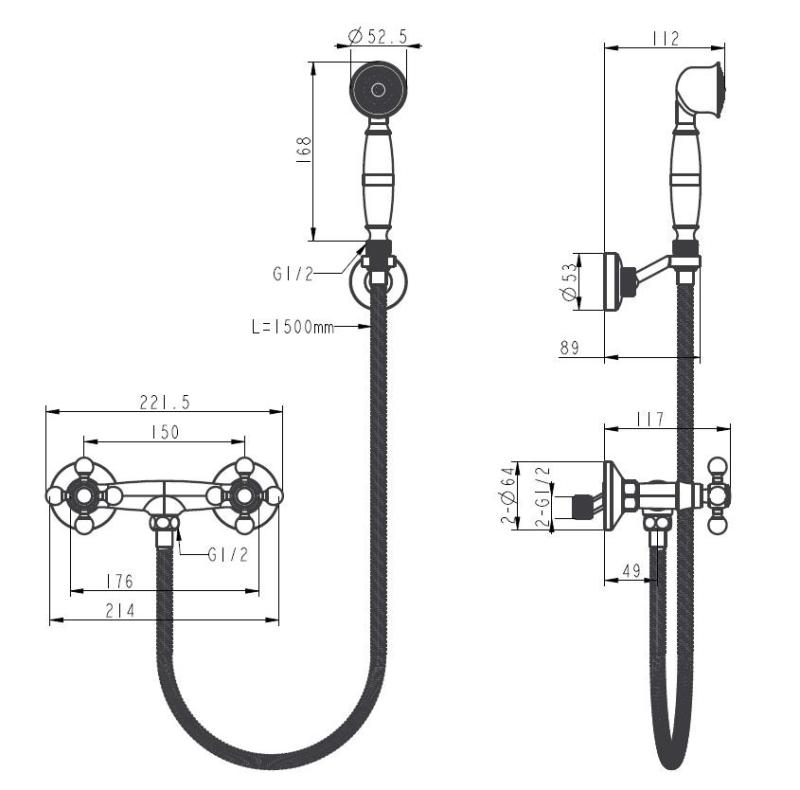 Aquanello Heritage Ascot Ensemble de robinetterie de douche classique avec boutons étoile en acier inoxydable, douchette à main incluse NB-2002-HA