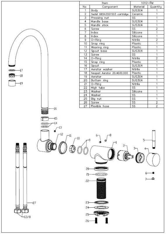 Aquanello Forma Robinet de cuisine à bec rabattable en acier inoxydable massif SS-1012-FM