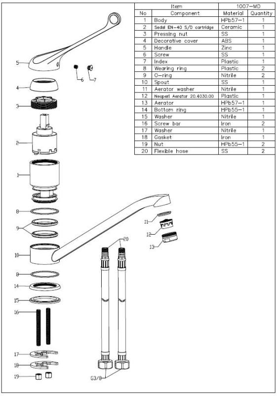 Aquanello Medic Mitigeur de cuisine à long levier  Chrome CR-1007-MD