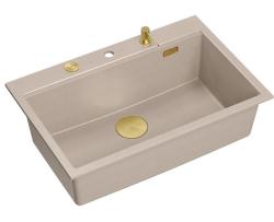Quadri Hard Rock Évier à poser en granit beige, grand format 76 x 50 cm, avec bouchon doré et accessoires 1208972701