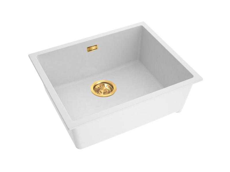 Pure.Sink Eternal Évier en quartz blanc 50 x 40 cm, à encastrer ou à poser, avec bouchon doré