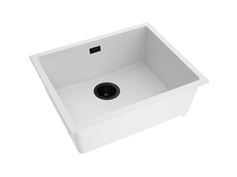 Pure.Sink Eternal Évier en quartz blanc 50 x 40 cm, à encastrer à fleur ou en sous-plan, avec bouchon noir automatique