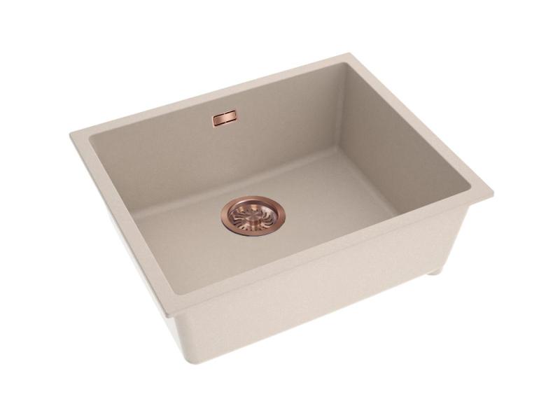 Pure.Sink Eternal Évier Quartz Beige 50 x 40 cm, à encastrer à fleur de plan de travail ou sous plan, avec bouchon automatique en cuivre
