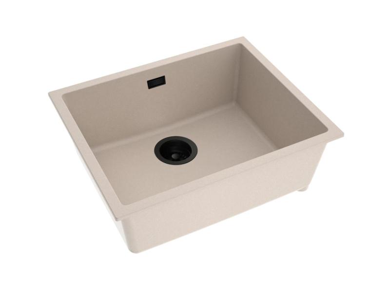 Pure.Sink Eternal Évier Quartz Beige 50 x 40 cm, à encastrer à fleur de plan de travail ou sous plan, avec bouchon noir automatique