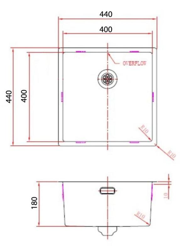 Pure.Sink Comfort Évier en acier inoxydable 40 x 40 cm, rayon de 10 mm, pour montage sous plan, à fleur de plan et en applique PCM4040-02