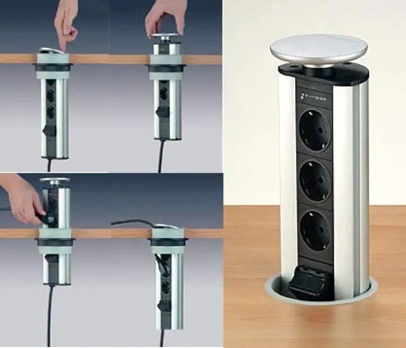 EVOline Port 3 versenkbare Steckdose, Erdung Typ E, silberner Deckel
