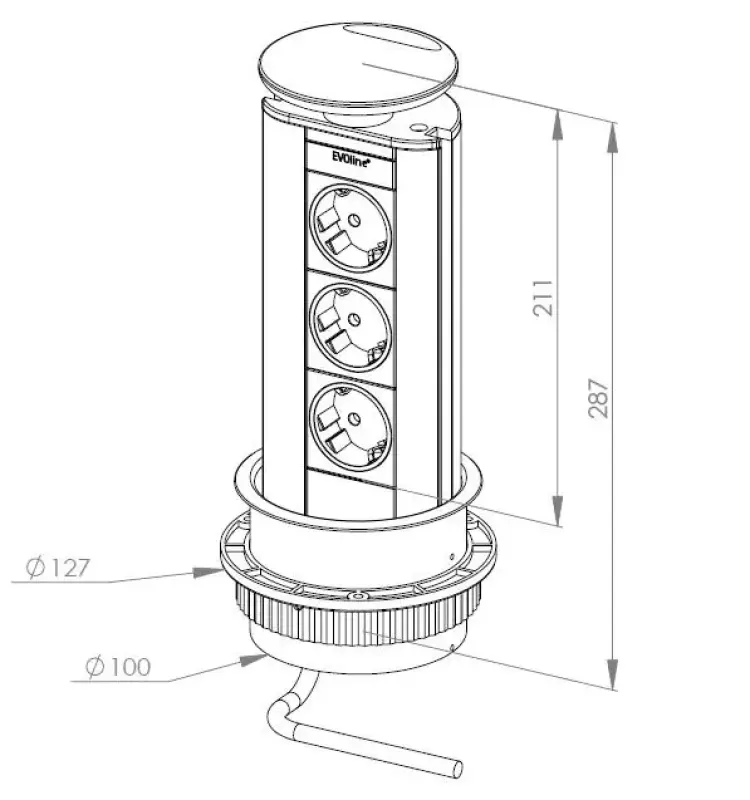 EVOline Port 3 versenkbare Steckdose, Erdung Typ E, silberner Deckel